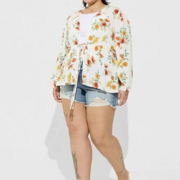 Torrid Gauze Floral Tie Front Lightweight Top Plus 2X Cream Orange Feminine - Picture 1 of 10